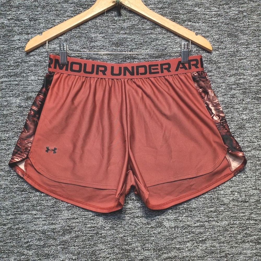 Under Armour Play Up Shorts Women Medium Rust Orange Printed Athletic Gym Sporty
